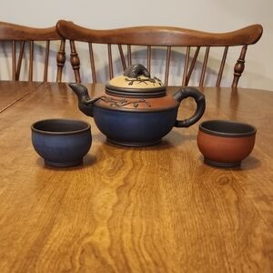 Ceramic Teapot and Cups Set in Blue and Brown
